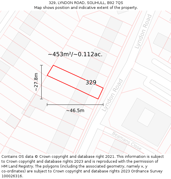 329, LYNDON ROAD, SOLIHULL, B92 7QS: Plot and title map