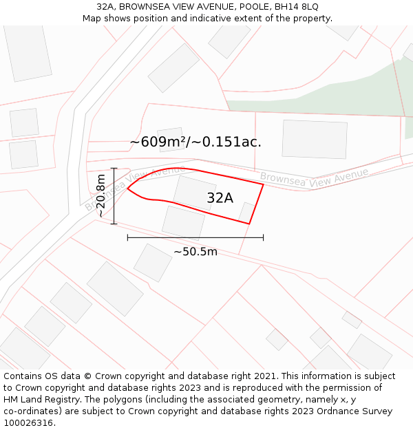 32A, BROWNSEA VIEW AVENUE, POOLE, BH14 8LQ: Plot and title map