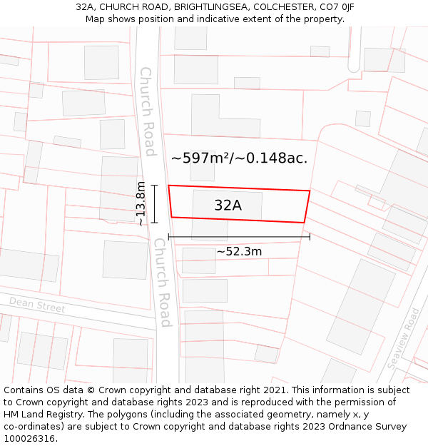 32A, CHURCH ROAD, BRIGHTLINGSEA, COLCHESTER, CO7 0JF: Plot and title map