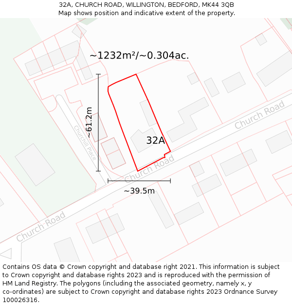 32A, CHURCH ROAD, WILLINGTON, BEDFORD, MK44 3QB: Plot and title map