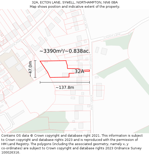 32A, ECTON LANE, SYWELL, NORTHAMPTON, NN6 0BA: Plot and title map