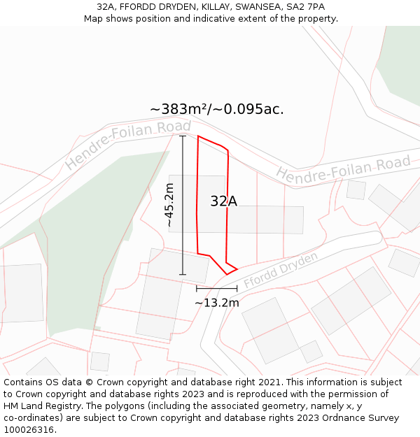 32A, FFORDD DRYDEN, KILLAY, SWANSEA, SA2 7PA: Plot and title map