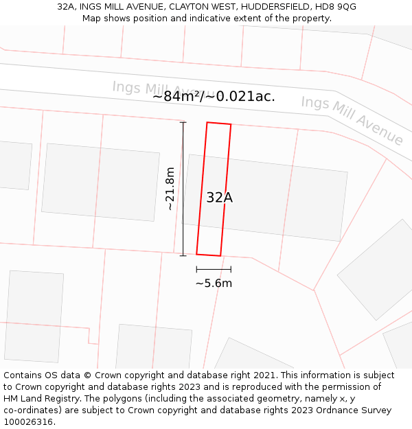 32A, INGS MILL AVENUE, CLAYTON WEST, HUDDERSFIELD, HD8 9QG: Plot and title map