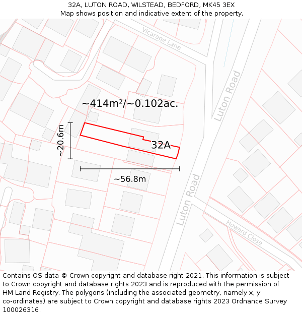 32A, LUTON ROAD, WILSTEAD, BEDFORD, MK45 3EX: Plot and title map