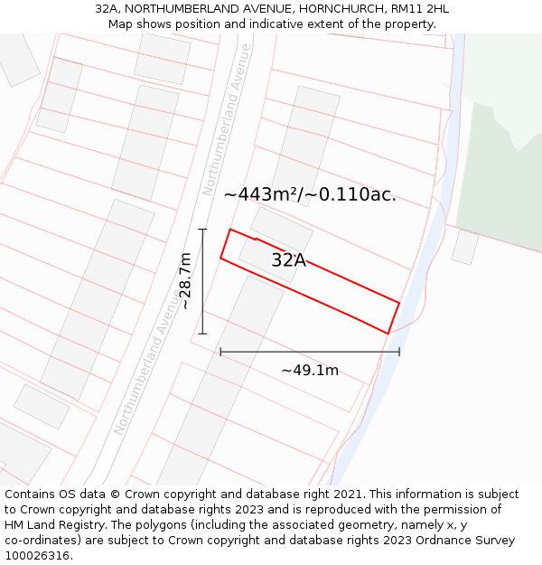 32A, NORTHUMBERLAND AVENUE, HORNCHURCH, RM11 2HL: Plot and title map