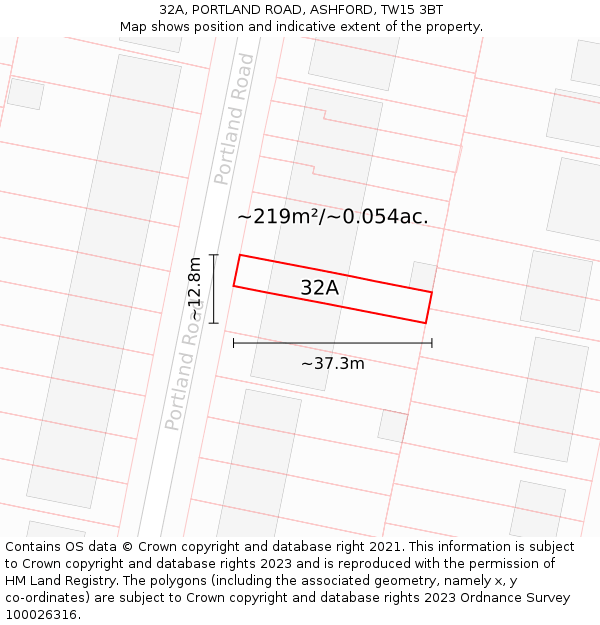 32A, PORTLAND ROAD, ASHFORD, TW15 3BT: Plot and title map