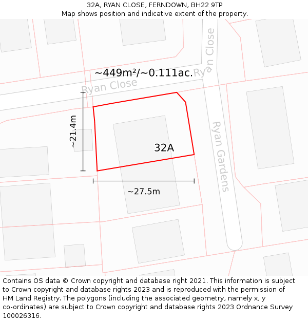 32A, RYAN CLOSE, FERNDOWN, BH22 9TP: Plot and title map