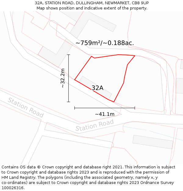 32A, STATION ROAD, DULLINGHAM, NEWMARKET, CB8 9UP: Plot and title map