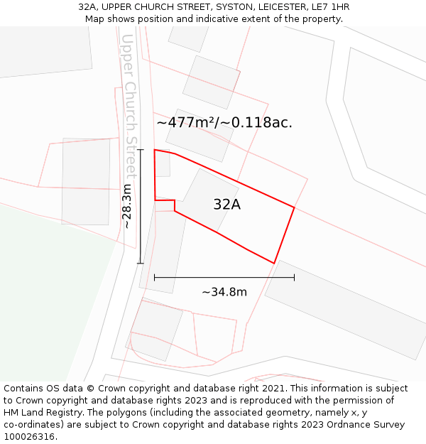 32A, UPPER CHURCH STREET, SYSTON, LEICESTER, LE7 1HR: Plot and title map