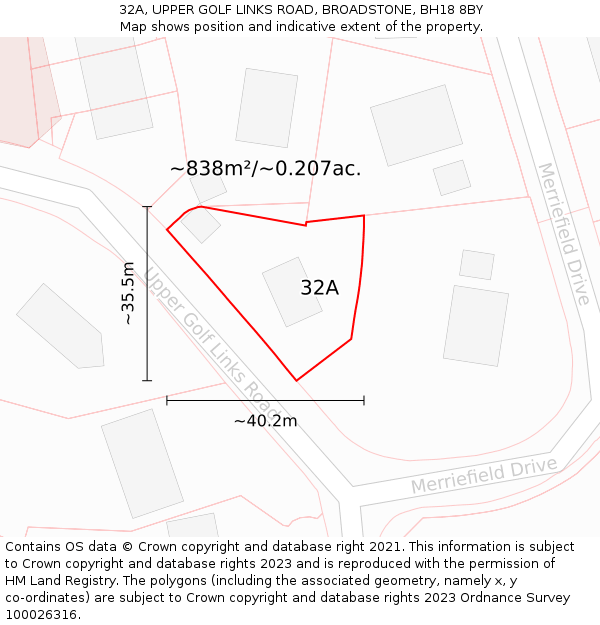 32A, UPPER GOLF LINKS ROAD, BROADSTONE, BH18 8BY: Plot and title map