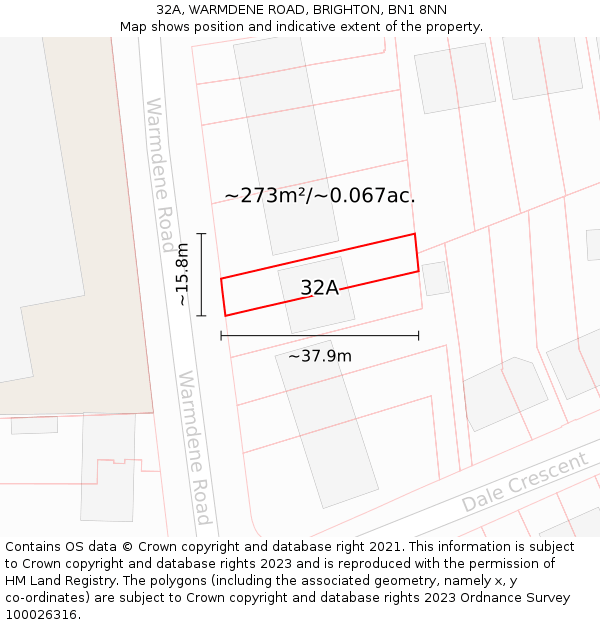 32A, WARMDENE ROAD, BRIGHTON, BN1 8NN: Plot and title map