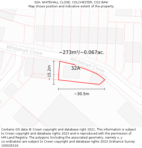 32A, WHITEHALL CLOSE, COLCHESTER, CO2 8AW: Plot and title map