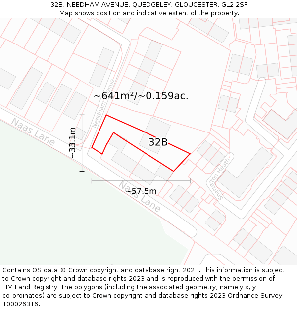 32B, NEEDHAM AVENUE, QUEDGELEY, GLOUCESTER, GL2 2SF: Plot and title map