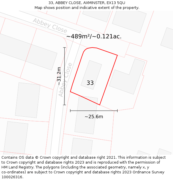 33, ABBEY CLOSE, AXMINSTER, EX13 5QU: Plot and title map