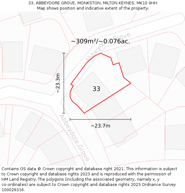 33, ABBEYDORE GROVE, MONKSTON, MILTON KEYNES, MK10 9HH: Plot and title map