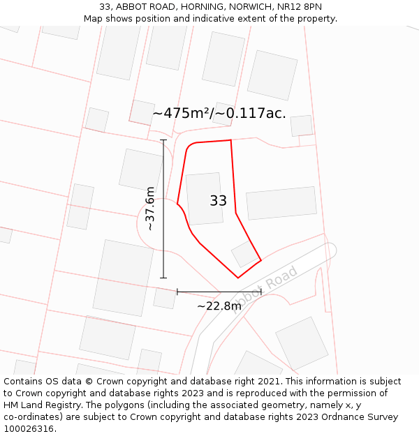 33, ABBOT ROAD, HORNING, NORWICH, NR12 8PN: Plot and title map