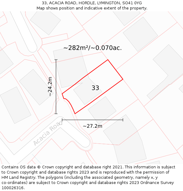 33, ACACIA ROAD, HORDLE, LYMINGTON, SO41 0YG: Plot and title map