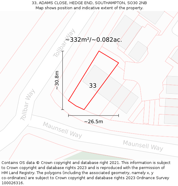 33, ADAMS CLOSE, HEDGE END, SOUTHAMPTON, SO30 2NB: Plot and title map