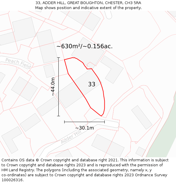 33, ADDER HILL, GREAT BOUGHTON, CHESTER, CH3 5RA: Plot and title map