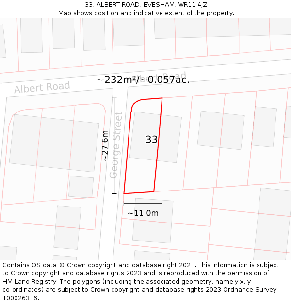 33, ALBERT ROAD, EVESHAM, WR11 4JZ: Plot and title map