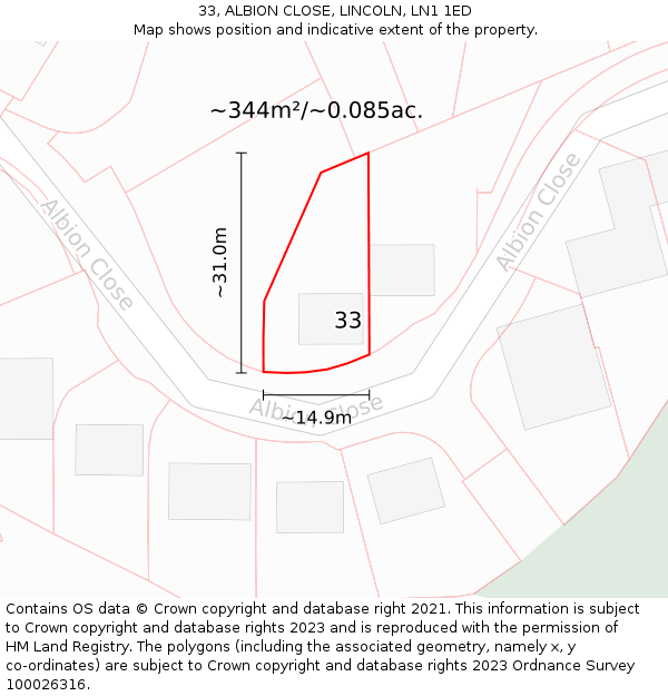 33, ALBION CLOSE, LINCOLN, LN1 1ED: Plot and title map