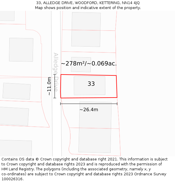 33, ALLEDGE DRIVE, WOODFORD, KETTERING, NN14 4JQ: Plot and title map
