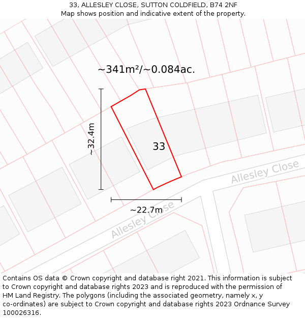 33, ALLESLEY CLOSE, SUTTON COLDFIELD, B74 2NF: Plot and title map