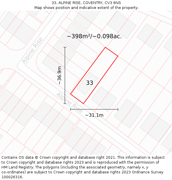 33, ALPINE RISE, COVENTRY, CV3 6NS: Plot and title map