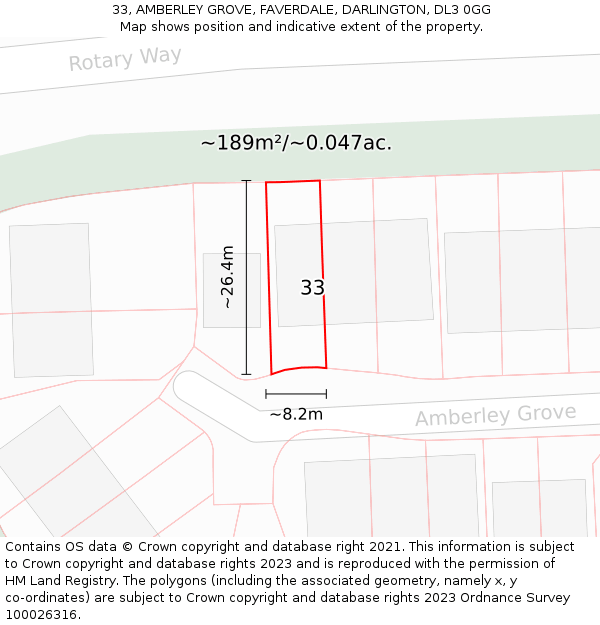 33, AMBERLEY GROVE, FAVERDALE, DARLINGTON, DL3 0GG: Plot and title map