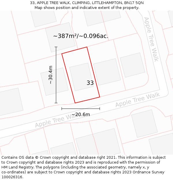 33, APPLE TREE WALK, CLIMPING, LITTLEHAMPTON, BN17 5QN: Plot and title map
