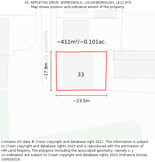 33, APPLETON DRIVE, WYMESWOLD, LOUGHBOROUGH, LE12 6TS: Plot and title map