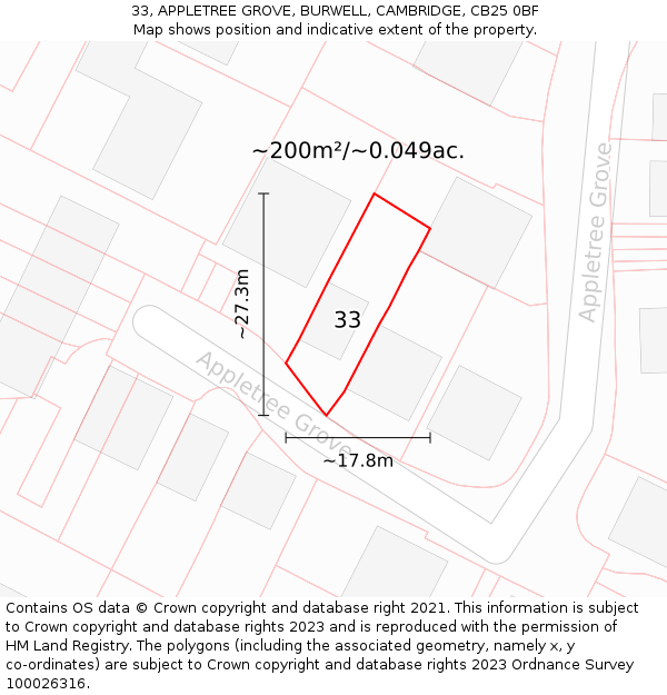 33, APPLETREE GROVE, BURWELL, CAMBRIDGE, CB25 0BF: Plot and title map
