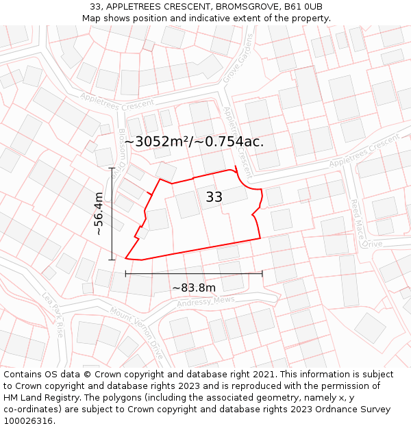 33, APPLETREES CRESCENT, BROMSGROVE, B61 0UB: Plot and title map