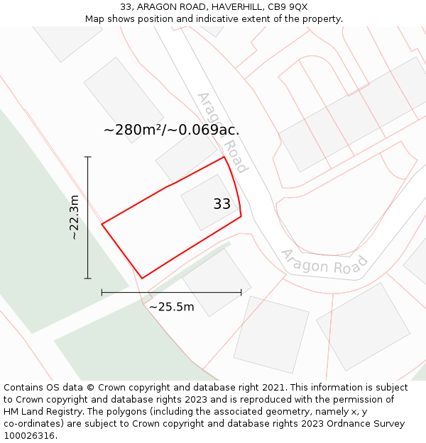 33, ARAGON ROAD, HAVERHILL, CB9 9QX: Plot and title map