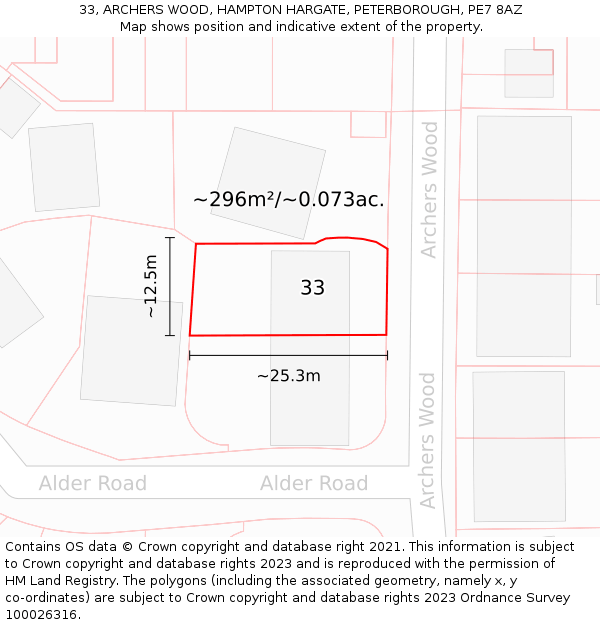 33, ARCHERS WOOD, HAMPTON HARGATE, PETERBOROUGH, PE7 8AZ: Plot and title map