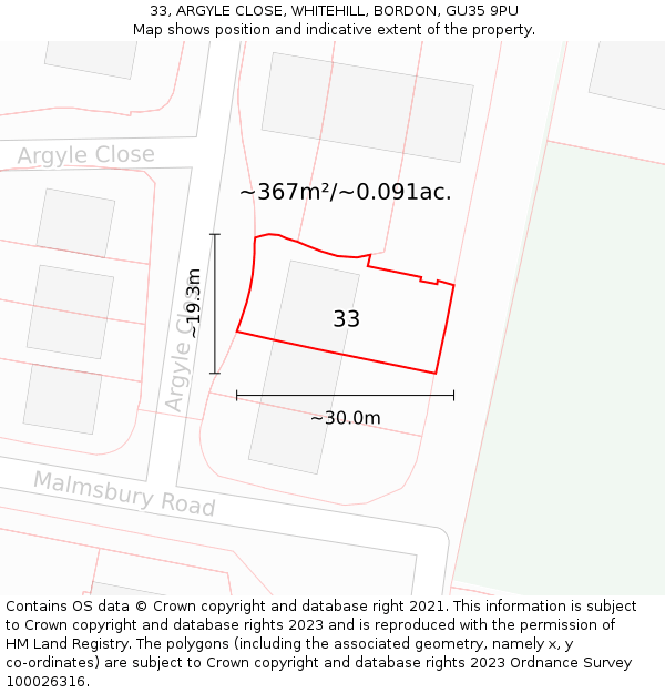 33, ARGYLE CLOSE, WHITEHILL, BORDON, GU35 9PU: Plot and title map
