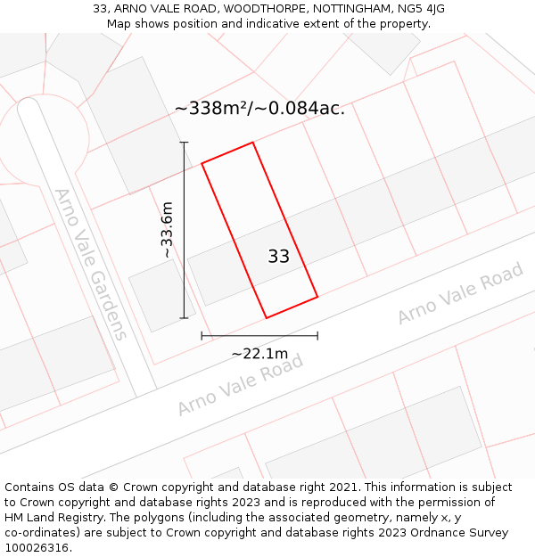33, ARNO VALE ROAD, WOODTHORPE, NOTTINGHAM, NG5 4JG: Plot and title map
