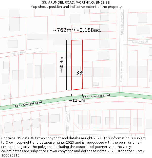 33, ARUNDEL ROAD, WORTHING, BN13 3EJ: Plot and title map