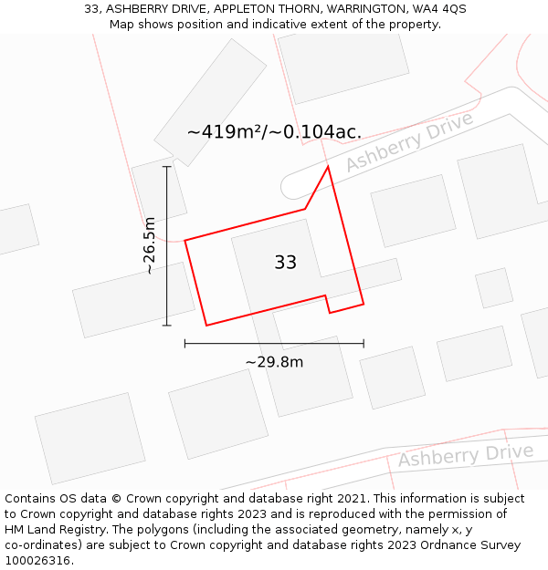 33, ASHBERRY DRIVE, APPLETON THORN, WARRINGTON, WA4 4QS: Plot and title map