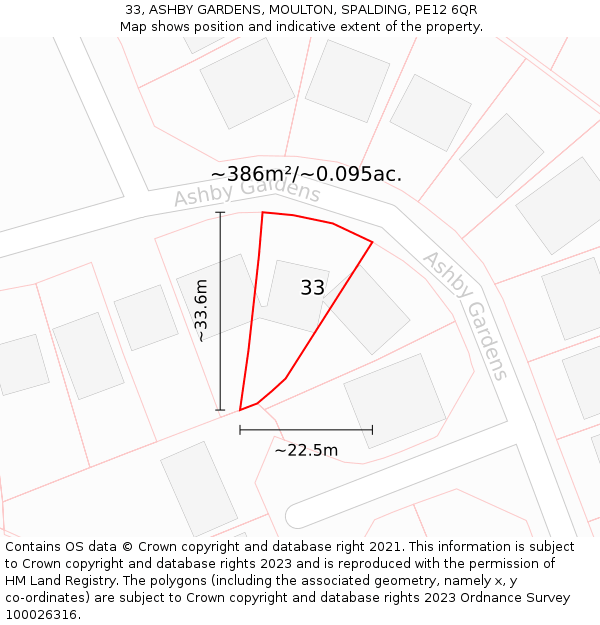 33, ASHBY GARDENS, MOULTON, SPALDING, PE12 6QR: Plot and title map