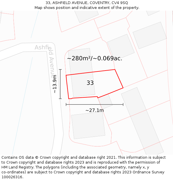 33, ASHFIELD AVENUE, COVENTRY, CV4 9SQ: Plot and title map