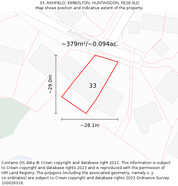 33, ASHFIELD, KIMBOLTON, HUNTINGDON, PE28 0LD: Plot and title map