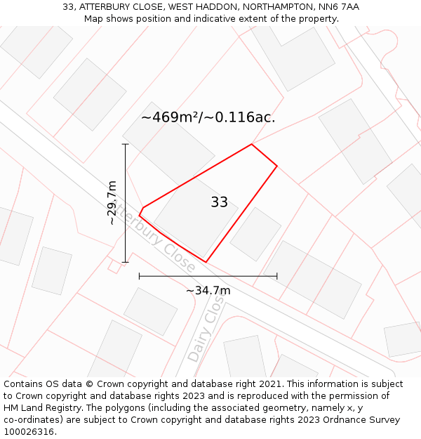 33, ATTERBURY CLOSE, WEST HADDON, NORTHAMPTON, NN6 7AA: Plot and title map