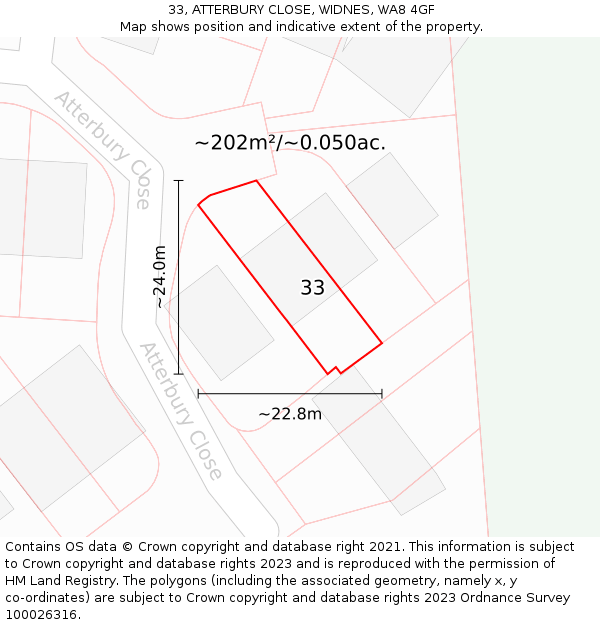 33, ATTERBURY CLOSE, WIDNES, WA8 4GF: Plot and title map
