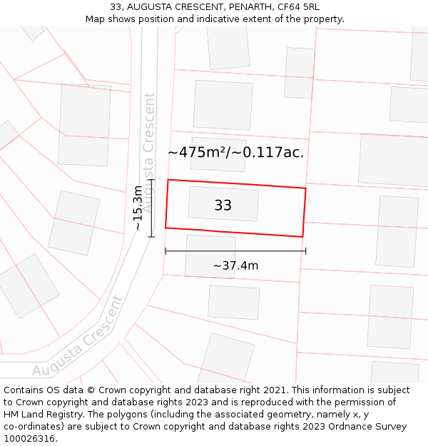 33, AUGUSTA CRESCENT, PENARTH, CF64 5RL: Plot and title map