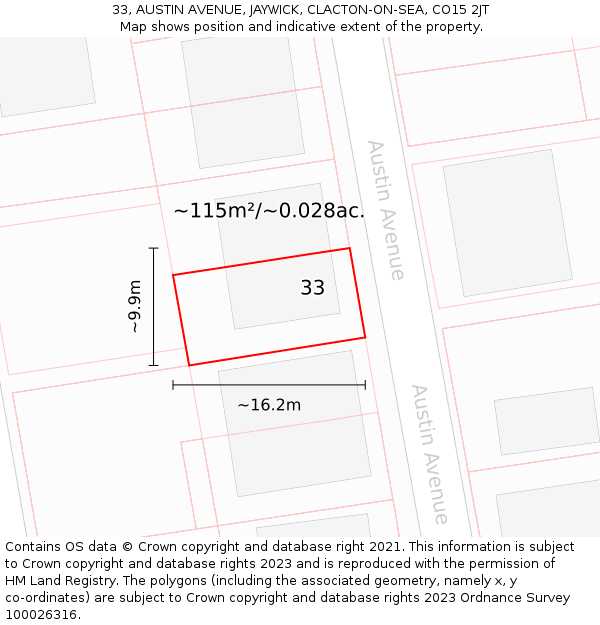 33, AUSTIN AVENUE, JAYWICK, CLACTON-ON-SEA, CO15 2JT: Plot and title map