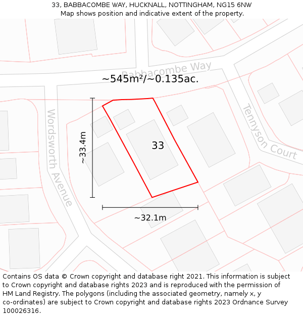 33, BABBACOMBE WAY, HUCKNALL, NOTTINGHAM, NG15 6NW: Plot and title map