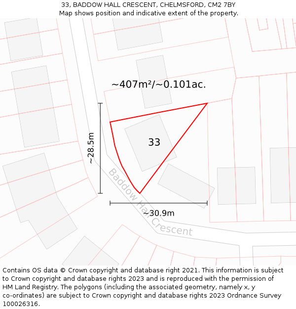 33, BADDOW HALL CRESCENT, CHELMSFORD, CM2 7BY: Plot and title map