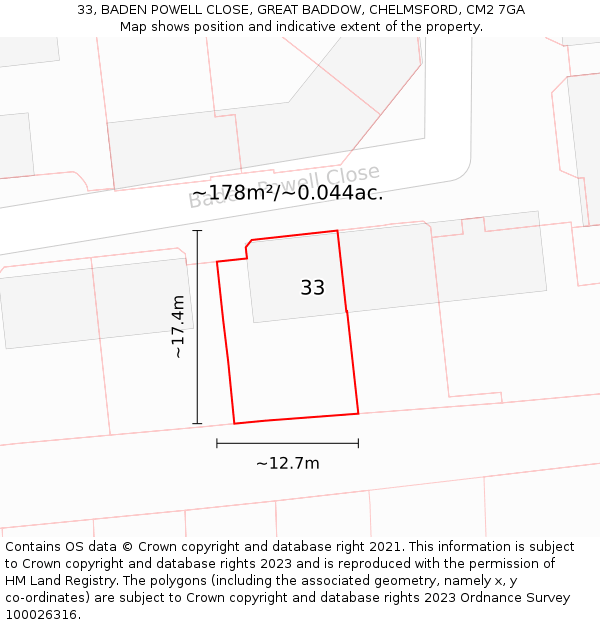 33, BADEN POWELL CLOSE, GREAT BADDOW, CHELMSFORD, CM2 7GA: Plot and title map