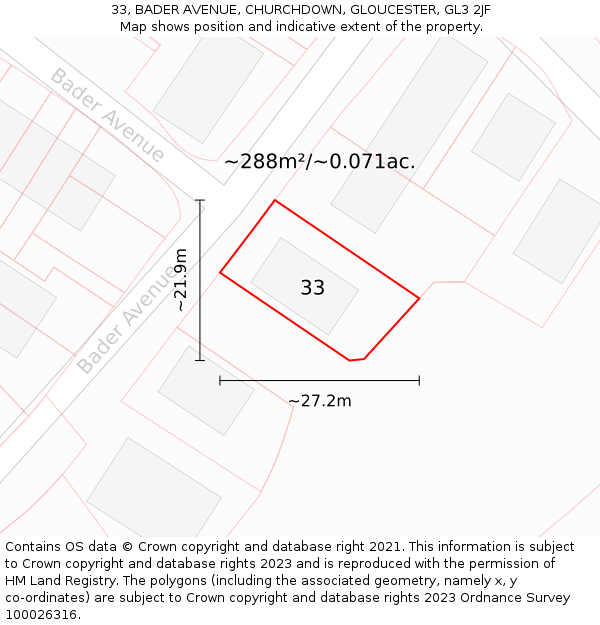 33, BADER AVENUE, CHURCHDOWN, GLOUCESTER, GL3 2JF: Plot and title map